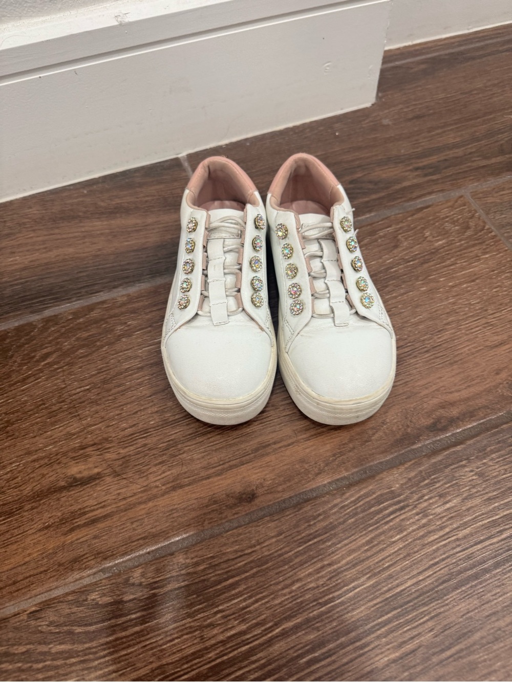 Kids White Sneakers with Pink Lining and Sparkle Accents